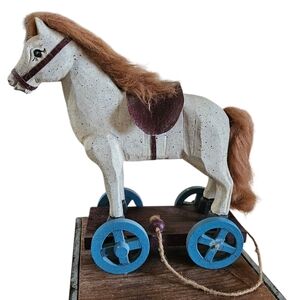 VINTAGE Folk Art Carved Wooden Pull Toy Horse with Blue Wheels 12" TALL
